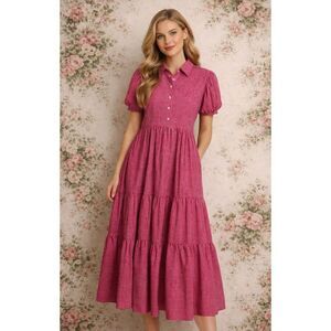 Bululu Resort Wear L / XL Barbados Gingham Short Sleeve Tiered Dress/ Red White